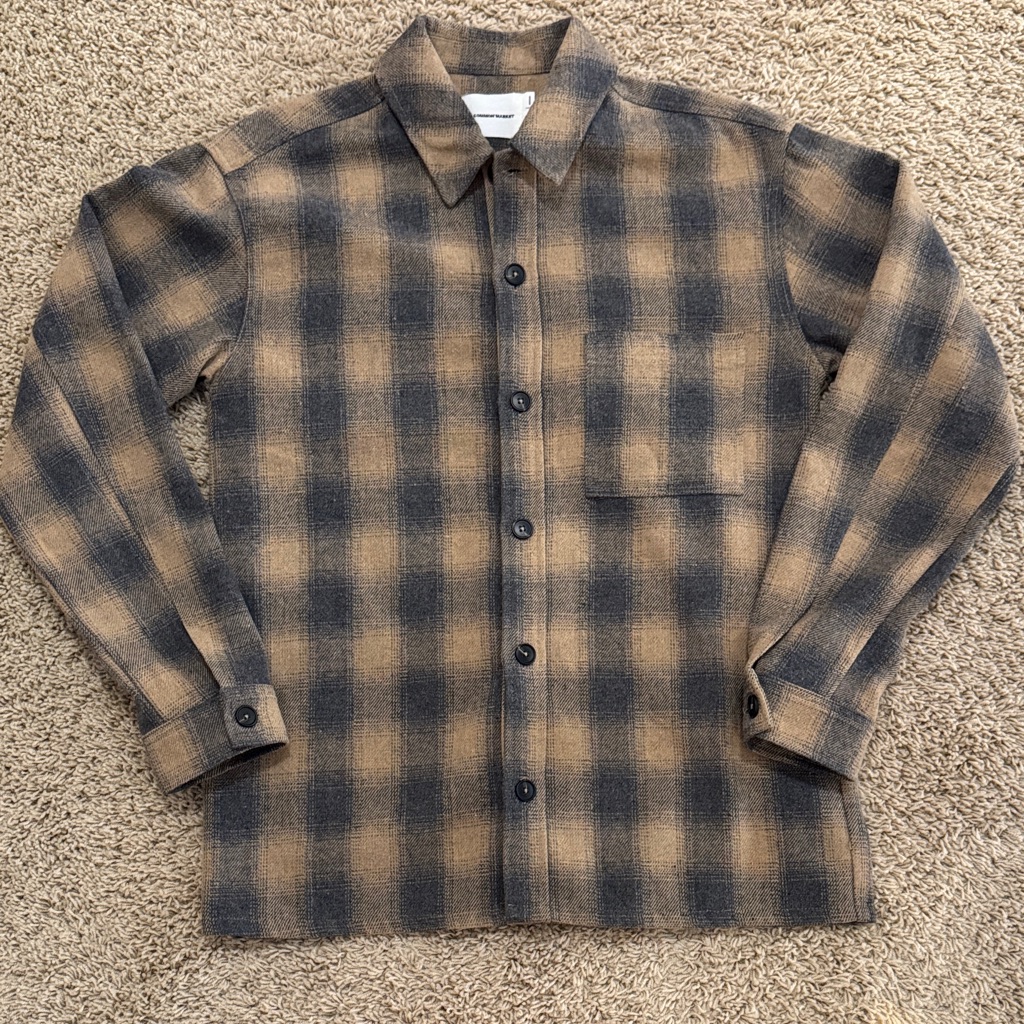 Common Market Mens Plaid Button Mathieu, Camel Plaid Shirt, Blocky Thick, Sz M